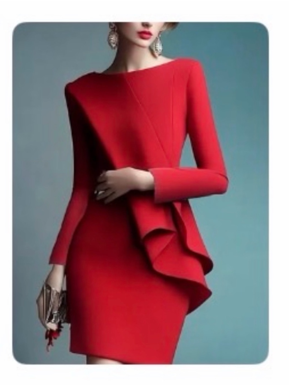 STYLEWE Red Long-Sleeve Asymmetric Ruffle Sheath Dress
